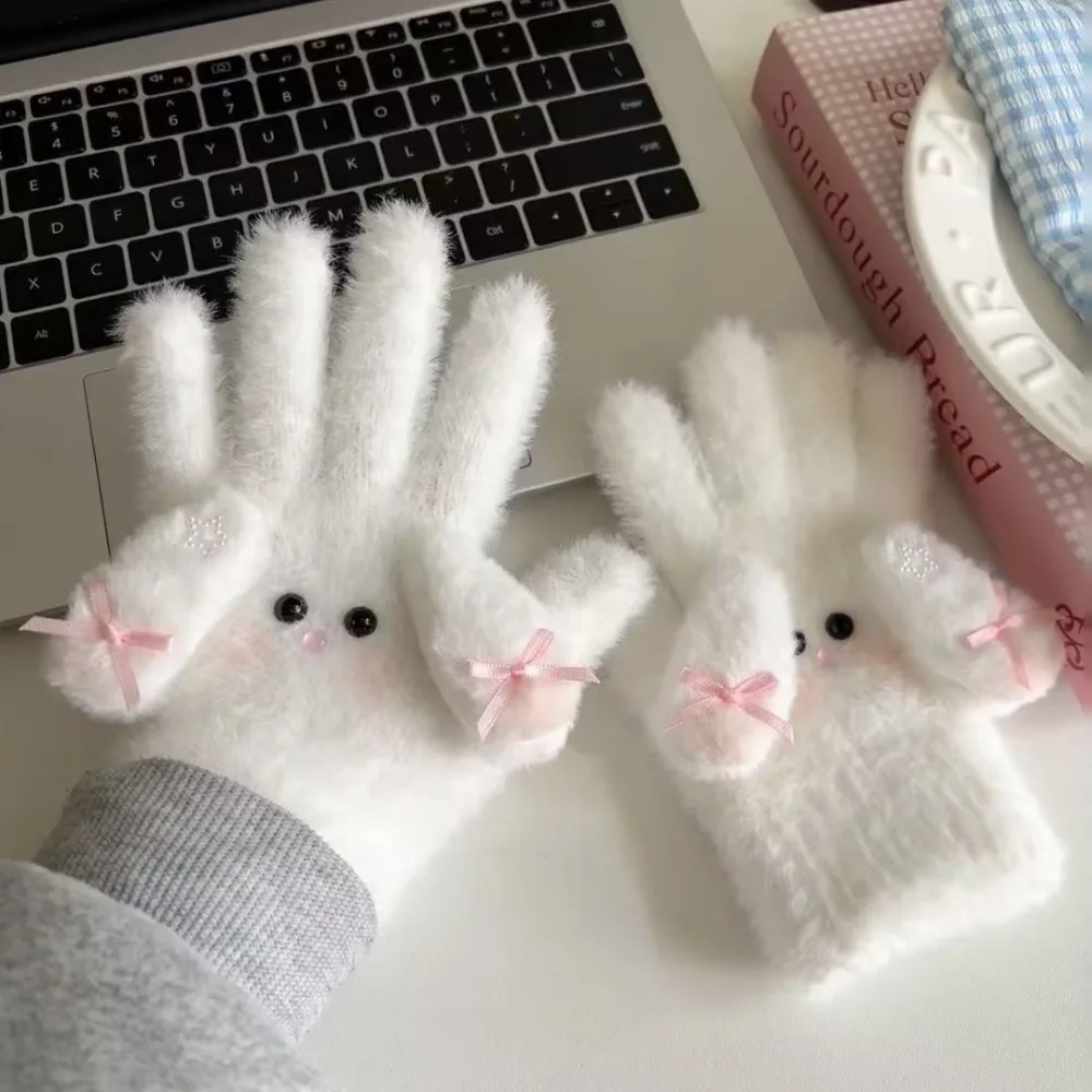 Guantes bonitos para mantener el calor, guantes de invierno con protección contra el frío de conejo de dibujos animados, manoplas con lazo a prueba de viento para mujeres y niñas
