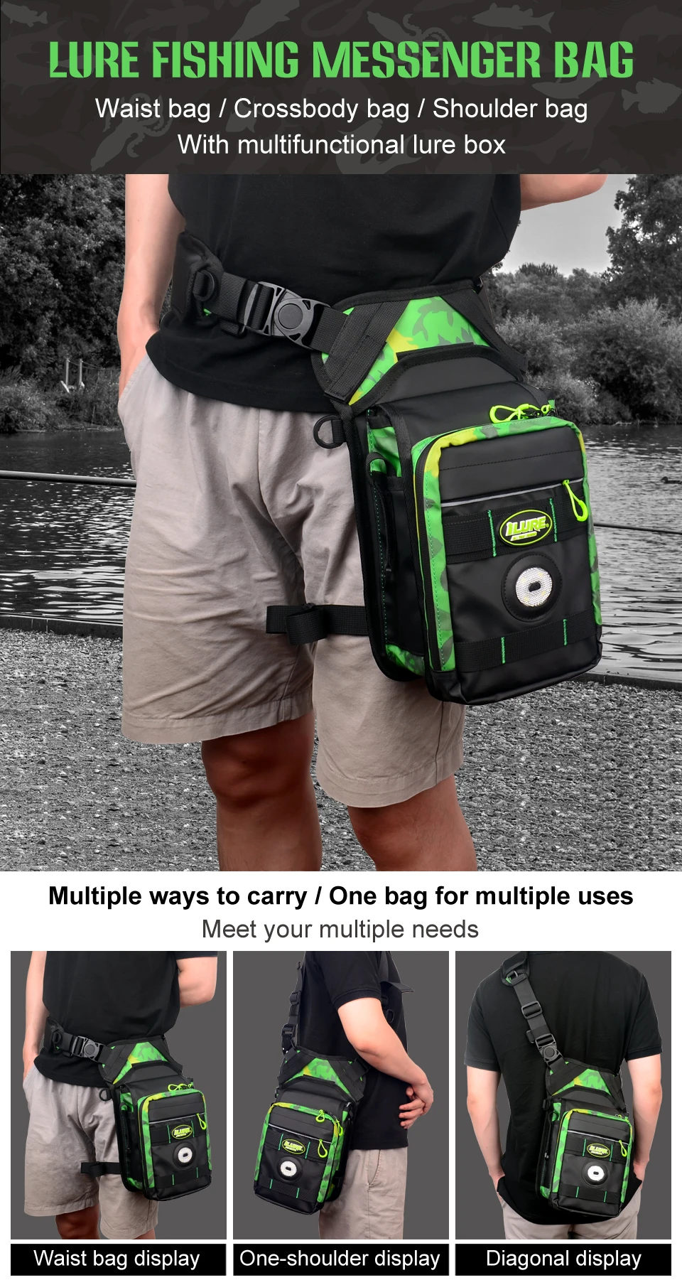 Bolsa de pesca multifuncional con luces LED vista frontal