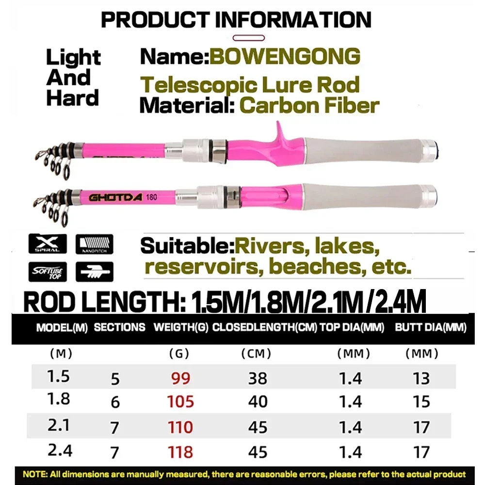 Caña de pescar giratoria de fibra de carbono, caña de pescar telescópica superdura de 1,5 M, 1,8 M, 2,1 M, 2,4 M, poste de viaje ultracorto - imagen 5