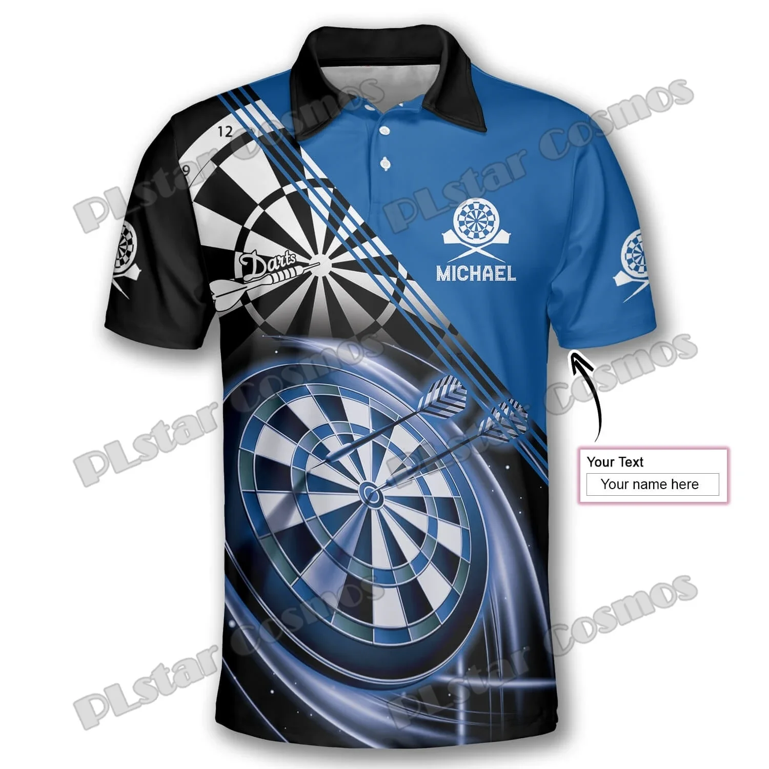 Polo hombre personalizado con emblema 3D dardos en negro y blanco - imagen 3