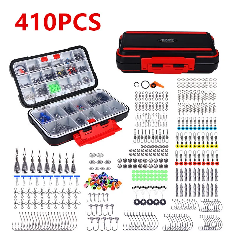 410 stuks professionele visset met visgereidoos, haken zinklood wartels voor basforel zoutwatervissen complete kunstaasset