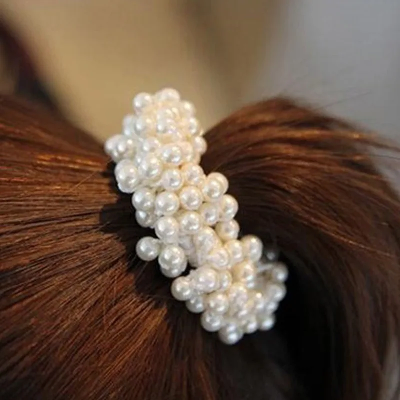 Accesorios para el cabello para mujer, diademas con cuentas de perlas, soporte para cola de caballo, bandas elásticas Vintage para el cabello para niñas - imagen 2