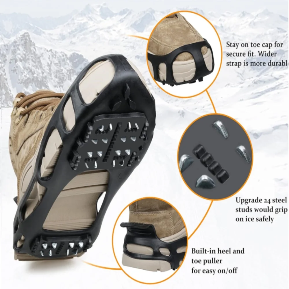 Pinza de hielo de 24 dientes para zapatos, botas, crampones, empuñaduras de punta, tacos antideslizantes para pesca en hielo, senderismo y escalada - imagen 3