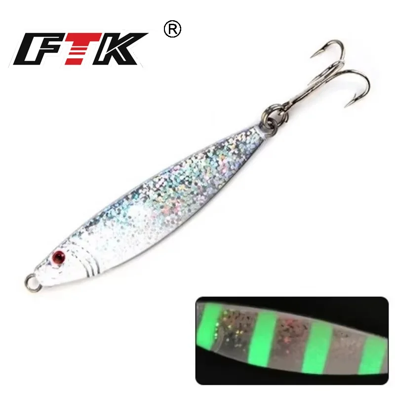 FTK-señuelo de pesca de mar, Micro plantilla luminosa de Metal, 15g-80g, 6,5 cm-11cm, ojo 3D, Jigging lento, con anzuelo triple, cebo Artificial duro