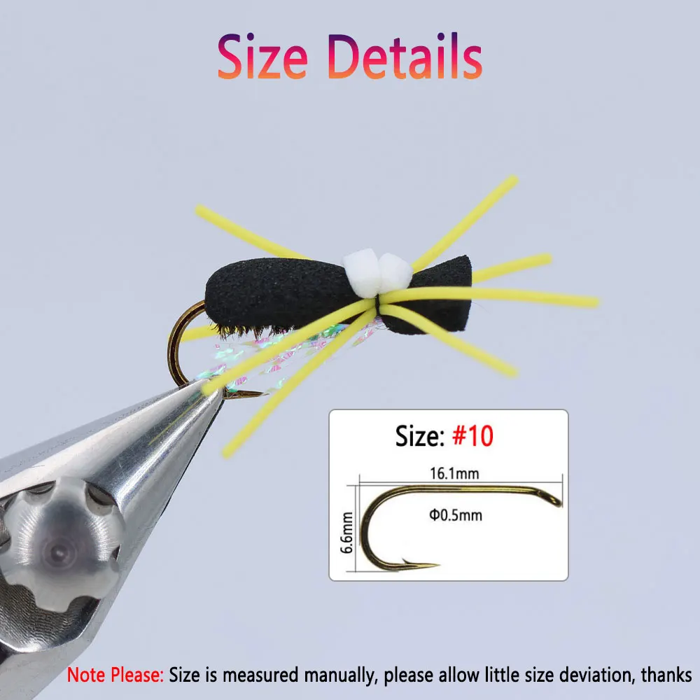 Bimoo 8 piezas # 10 patas de goma espuma escarabajo mosca Artificial patrón terrestre mosca seca flotante para trucha lubina Bluegill Señuelos de pesca - imagen 3