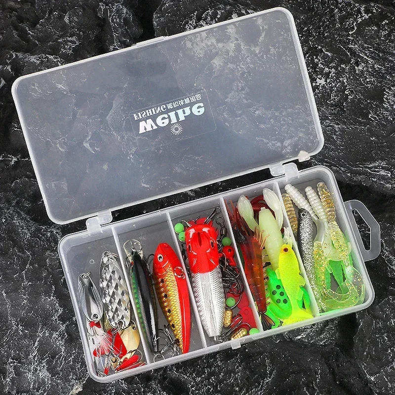 Nuevo juego de Señuelos de Pesca híbridos de 78 piezas, Kit de señuelos duros y suaves, señuelo de Metal para pececillos, cuchara, caja de accesorios para lubina, Crankbaits - imagen 5