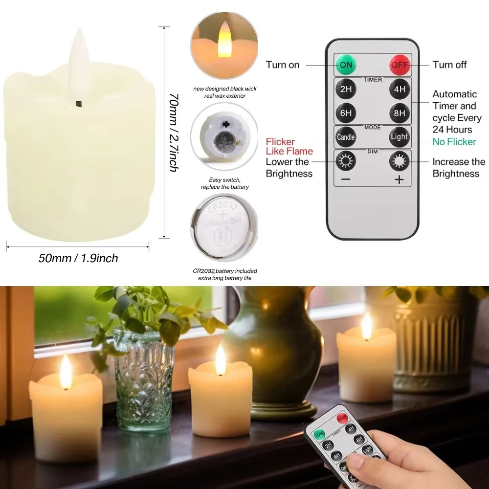 Velas de luz LED de té de cera Real, 6 uds., con temporizador, 300 + horas, mecha negra realista, velas con pilas para decoración navideña de boda - imagen 4