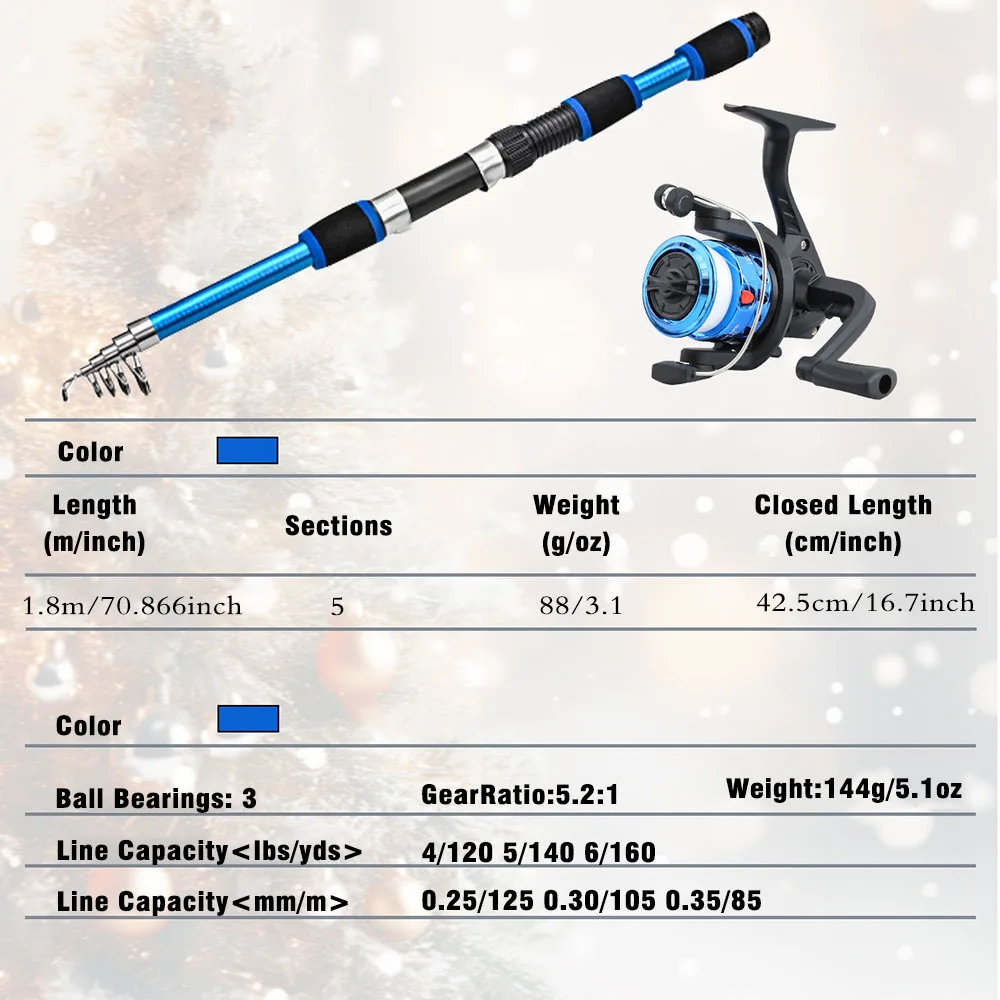 Juego de regalo de Navidad, conjunto combinado de caña de pescar telescópica y carrete de 1,8 M con cebos, ganchos, Kit de viaje, accesorios - imagen 4