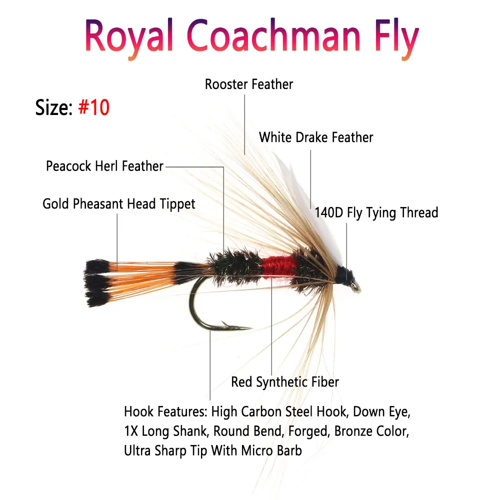 Bimoo 8PCS # 10 blanco Drake Wing Royal Coachman Fly Royal Wulff mosca seca pavo real Herl pluma mayo mosca trucha Señuelos de pesca cebos - imagen 3