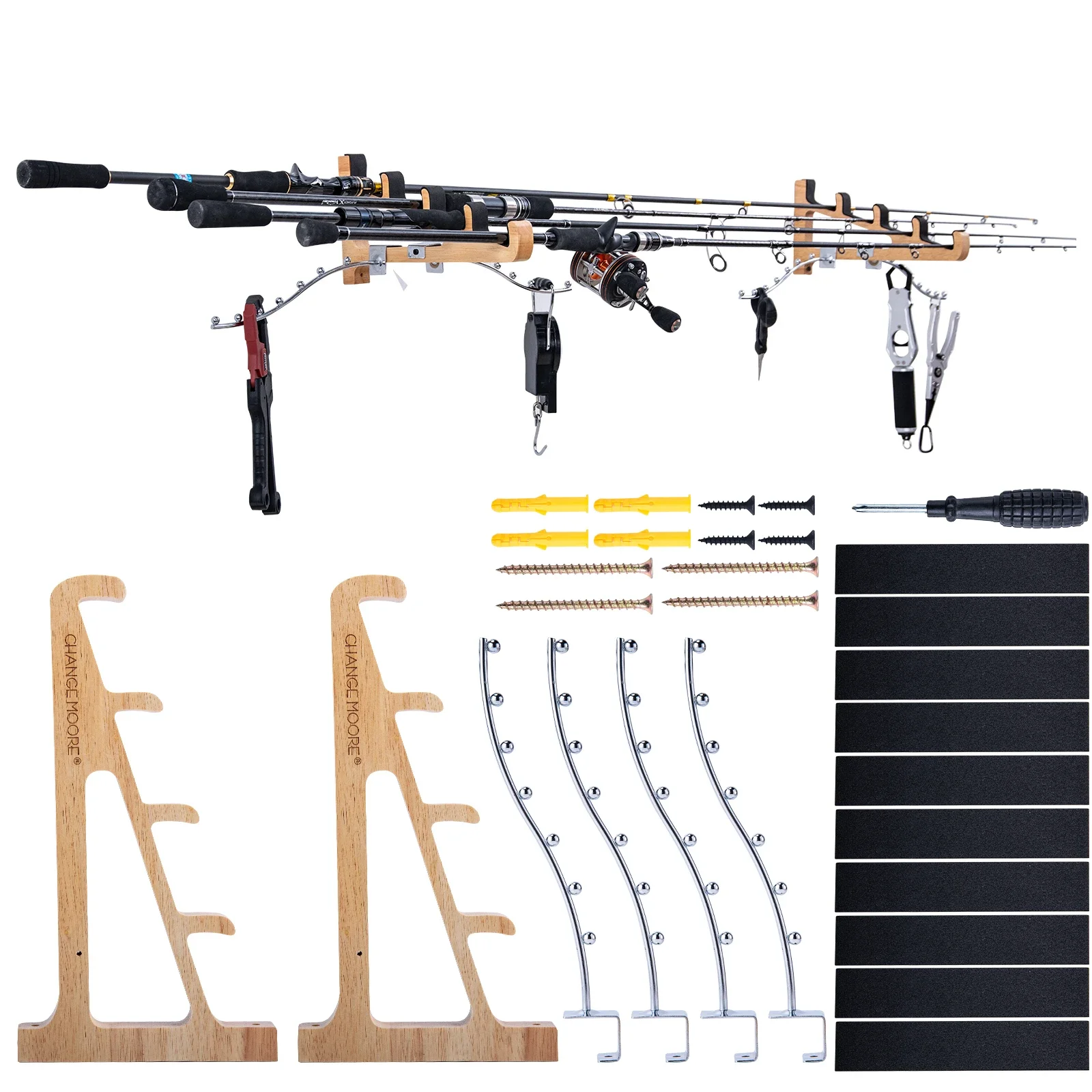 Goture-Juego de estante de exhibición para almacenamiento de caña de pescar, estante de madera maciza con gancho en S, montaje fácil que ahorra espacio, aparejos de caña eficientes, 1/2 Uds. - imagen 2