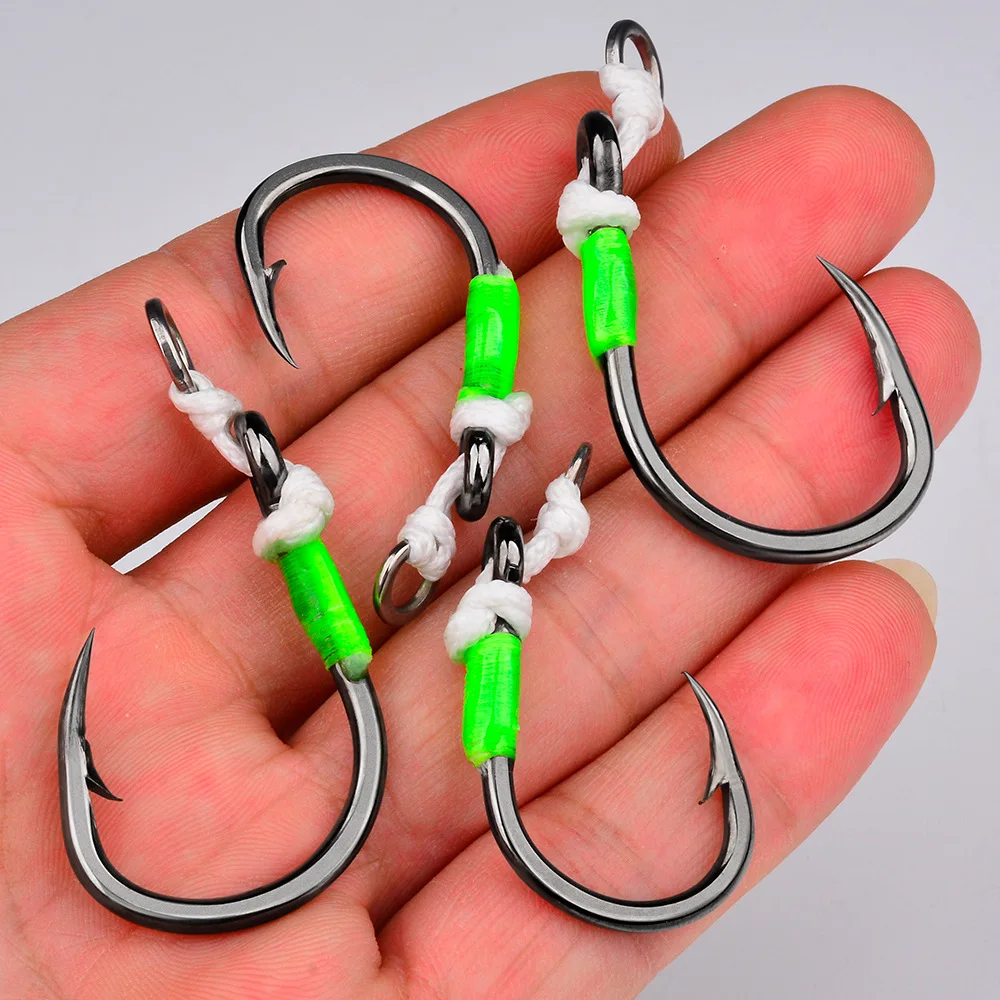 Anzuelos de pesca con captura de peces grandes de aguas profundas, anzuelos asistidos de acero rico en carbono con plumas, tamaño 5/0 6/0 8/0 10/0, anzuelos gigantes - imagen 2