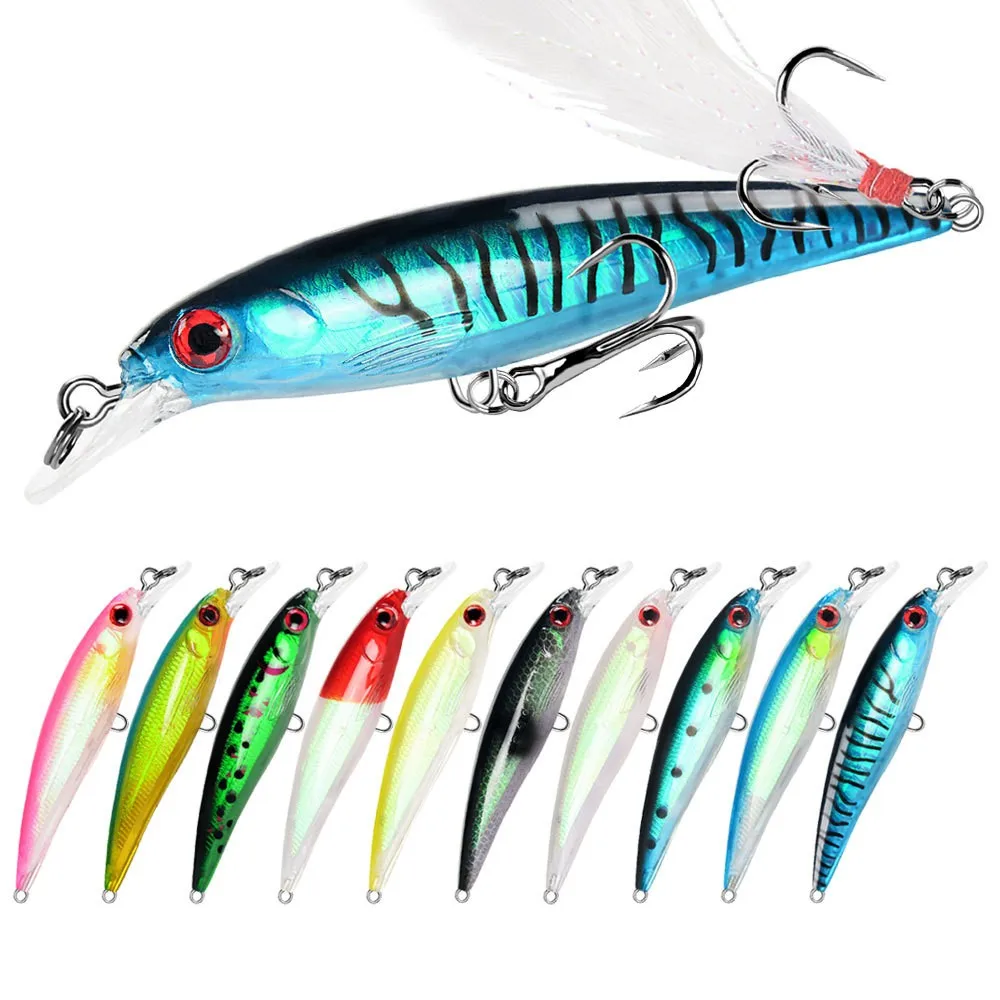 Señuelo de pesca de pececillos, anzuelos de pluma de 9cm y 7g, aparejos de pesca duros artificiales, 10 colores disponibles, 1 unidad