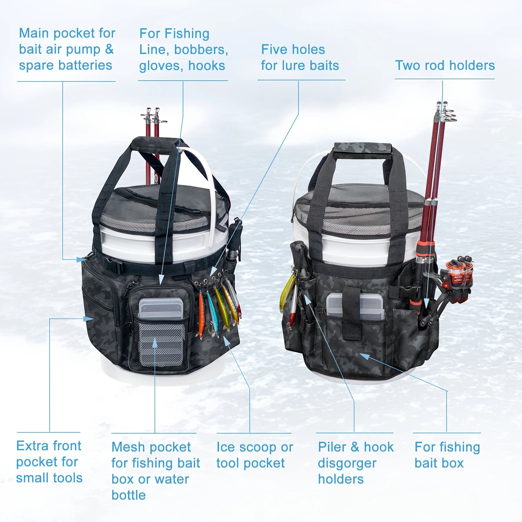 Bolsa de almacenamiento de cubo de pesca multifuncional, estante para caña de pescar, accesorios de equipo de pesca de múltiples bolsillos, suministros de soporte - imagen 3