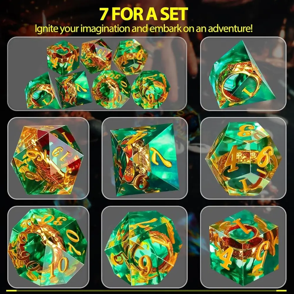 Juego de dados líquidos de resina creativos, 7 Uds., azul, verde, morado, dados líquidos poliédricos D4 D6 D8 D10 D12 D20, dados de esquina afilados para D & d DND - imagen 3