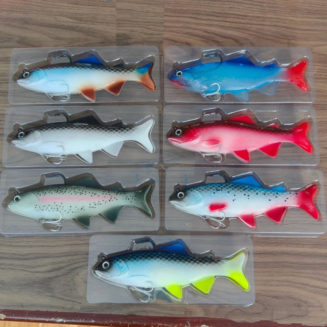 7 Uds 20cm 130g cabeza de plomo PVC Señuelos de Pesca blandos cebos artificiales de natación cola en T cebo suave de silicona Swimbait Wobblers con gancho