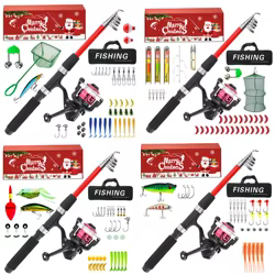 Juego completo de caña de pescar telescópica de fibra de vidrio, Kit de cebo, línea de anzuelo, red de equipo de pesca, caja de regalo de Navidad