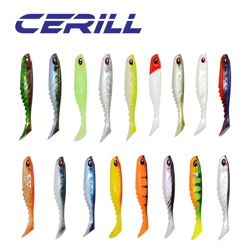 Cerill 5 uds 75mm 3,2g ojos 3D señuelo de gusano suave cebo de silicona mar Swimbait Wobbler cola de paleta plástico lubina Shad carpa doble Color - imagen 5