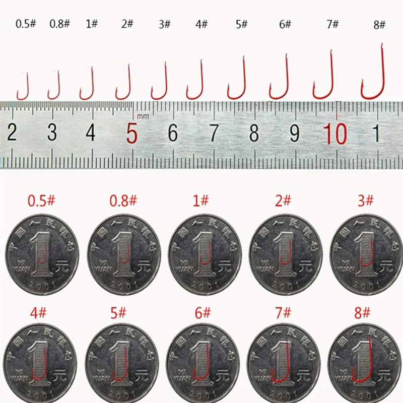 100 unids/caja anzuelo de pesca serie 1 # -8 #   Anzuelo de púas de acero rico en carbono, anzuelos de oro rojo, soporte de cebo doblado, anzuelo de carpa anillado - imagen 5