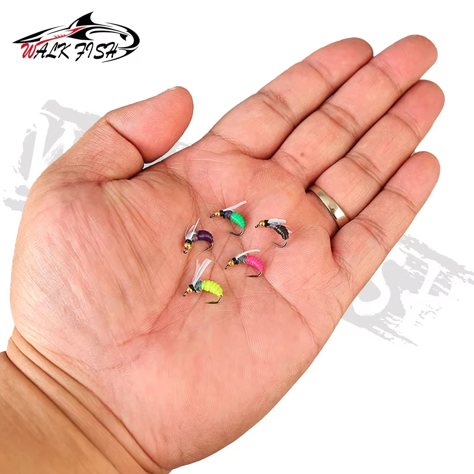 WALK FISH 5 piezas 12mm 13mm Caddisfly Ninfa cebo con mosca rotación compuesta hoja de sauce lentejuelas Metal cebo falso pesca de trucha río salvaje - imagen 5