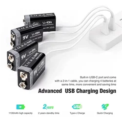 Batería recargable 9V 1100 mAh USB‑C para helicóptero RC 6F22