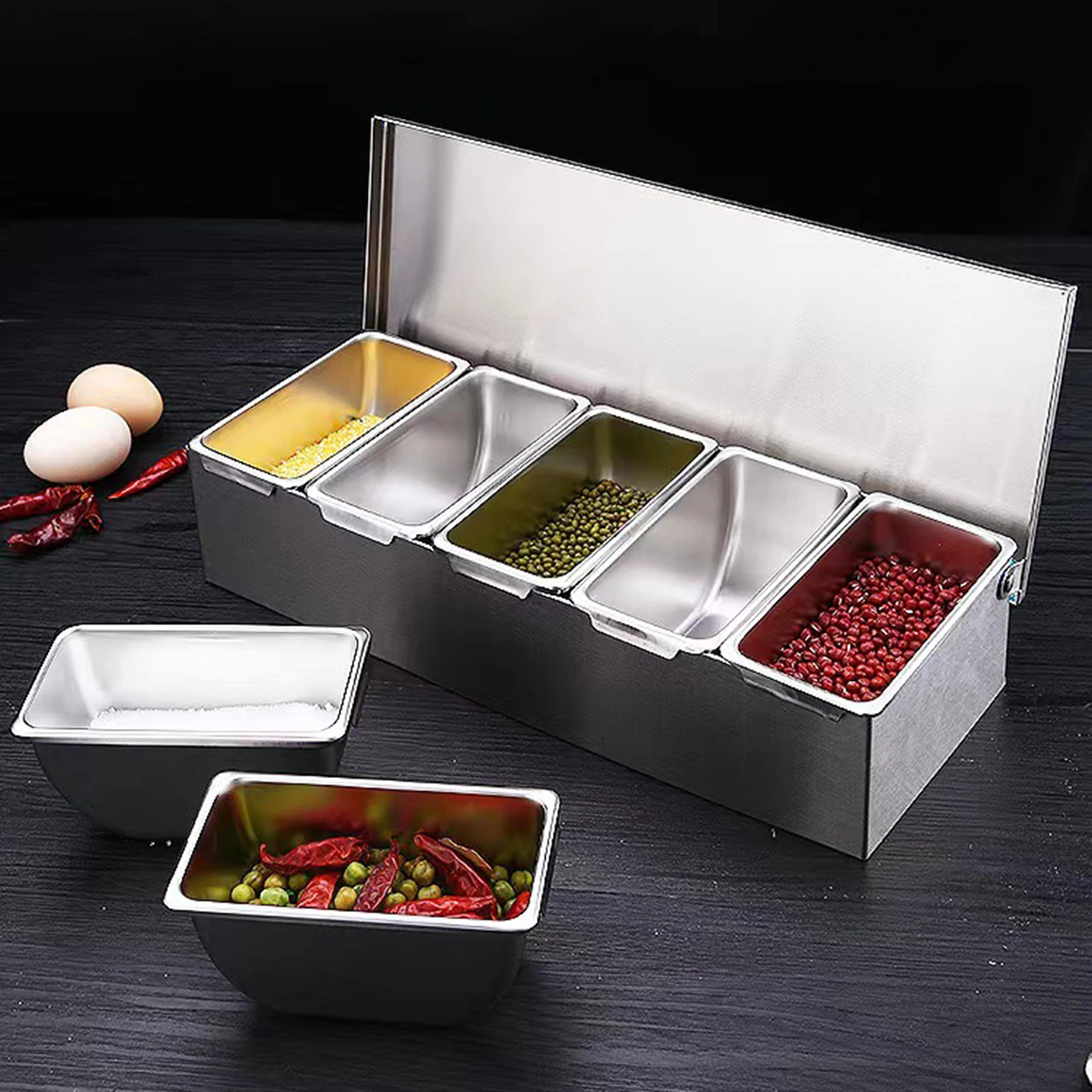 Caja de almacenamiento de condimentos de rejilla 3/6, caja organizadora de especias cuadrada de acero inoxidable con cucharas para acampar, Picnic, barbacoa, herramientas al aire libre - imagen 5