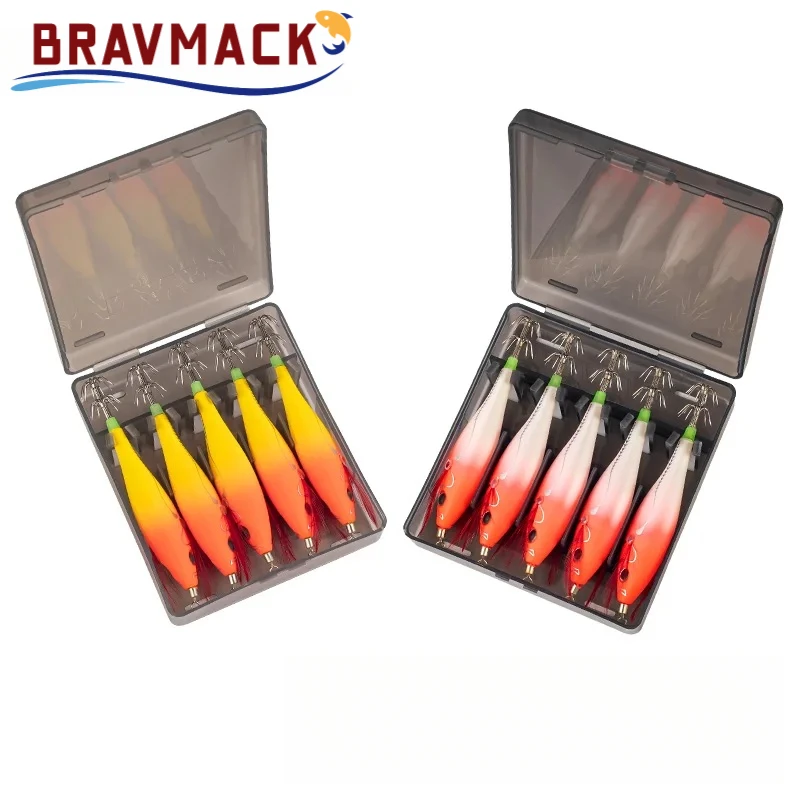 BRAVMACK-plantilla de calamar Horizontal luminosa, anzuelo de madera para camarones y calamar, 5 uds., Señuelos de pesca, pulpo, sepia, camarones, cebos de agua salada