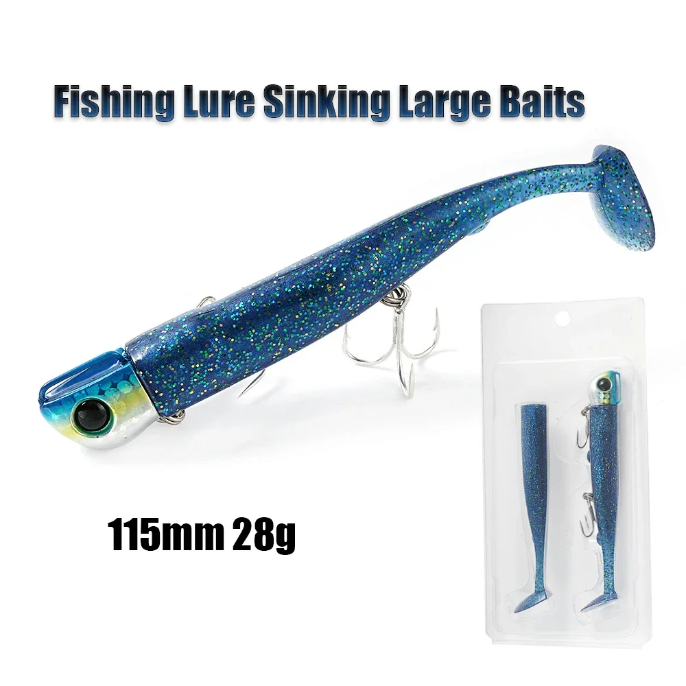 Juego de señuelos blandos de 115mm y 28g, cabeza de Jigging de fundición larga, juego de señuelos blandos con cola en T, cebo de pesca de lubina que se hunde, cebos grandes