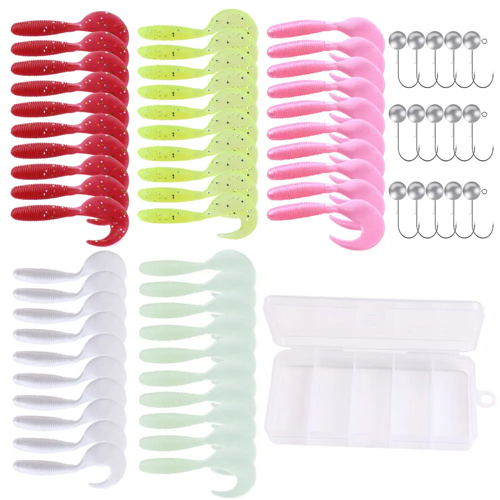 Juego de señuelos blandos de 65 Uds., cola derramada con caja, juego de cebo falso, cebo de cola de horquilla con gancho de manivela adecuado para varias especies de peces