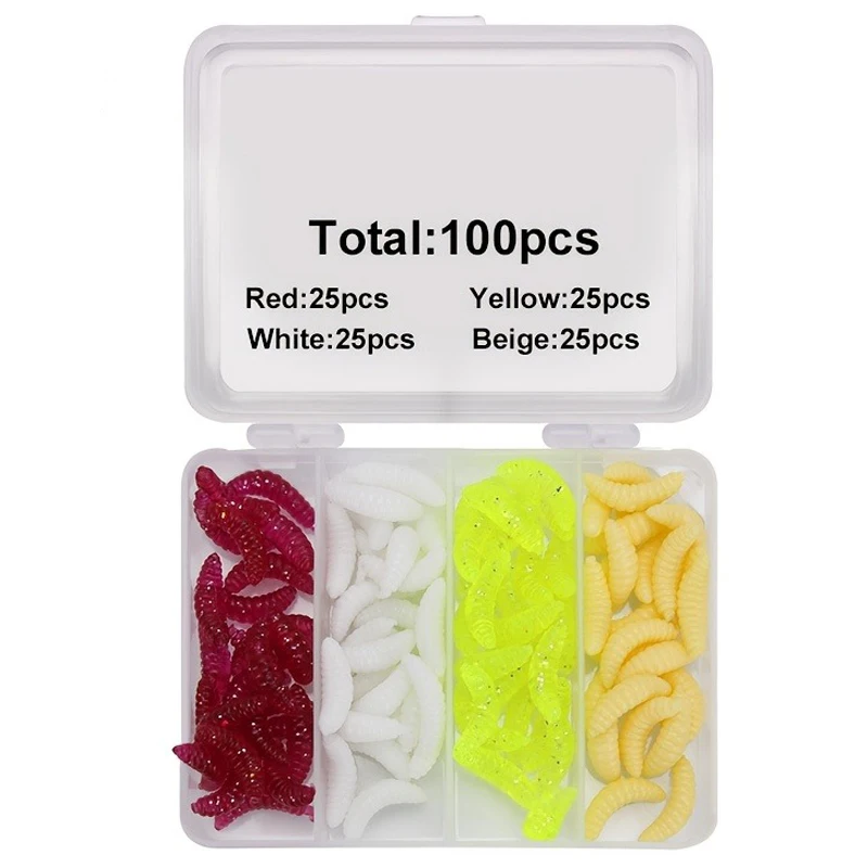 100 Uds cebo para peces juego de gusanos de pan 2,4 cm poste de mano cebo falso cebos de pesca pan suave insectos biónicos larvas trucha señuelo Accesorios - imagen 4