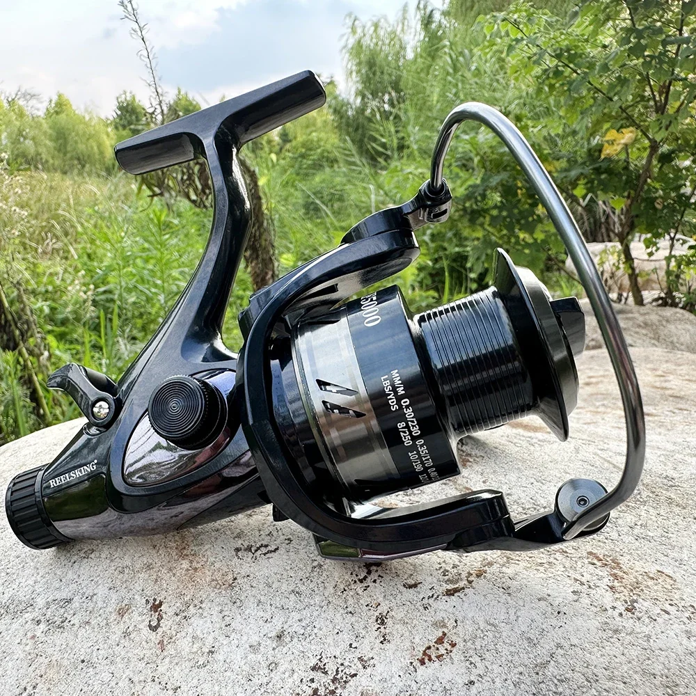 Carrete giratorio de Metal para carpa, 14 + 1BB, eje de acero inoxidable, rueda de arrastre trasera, calamar con alarma de mordida de pescado - imagen 3