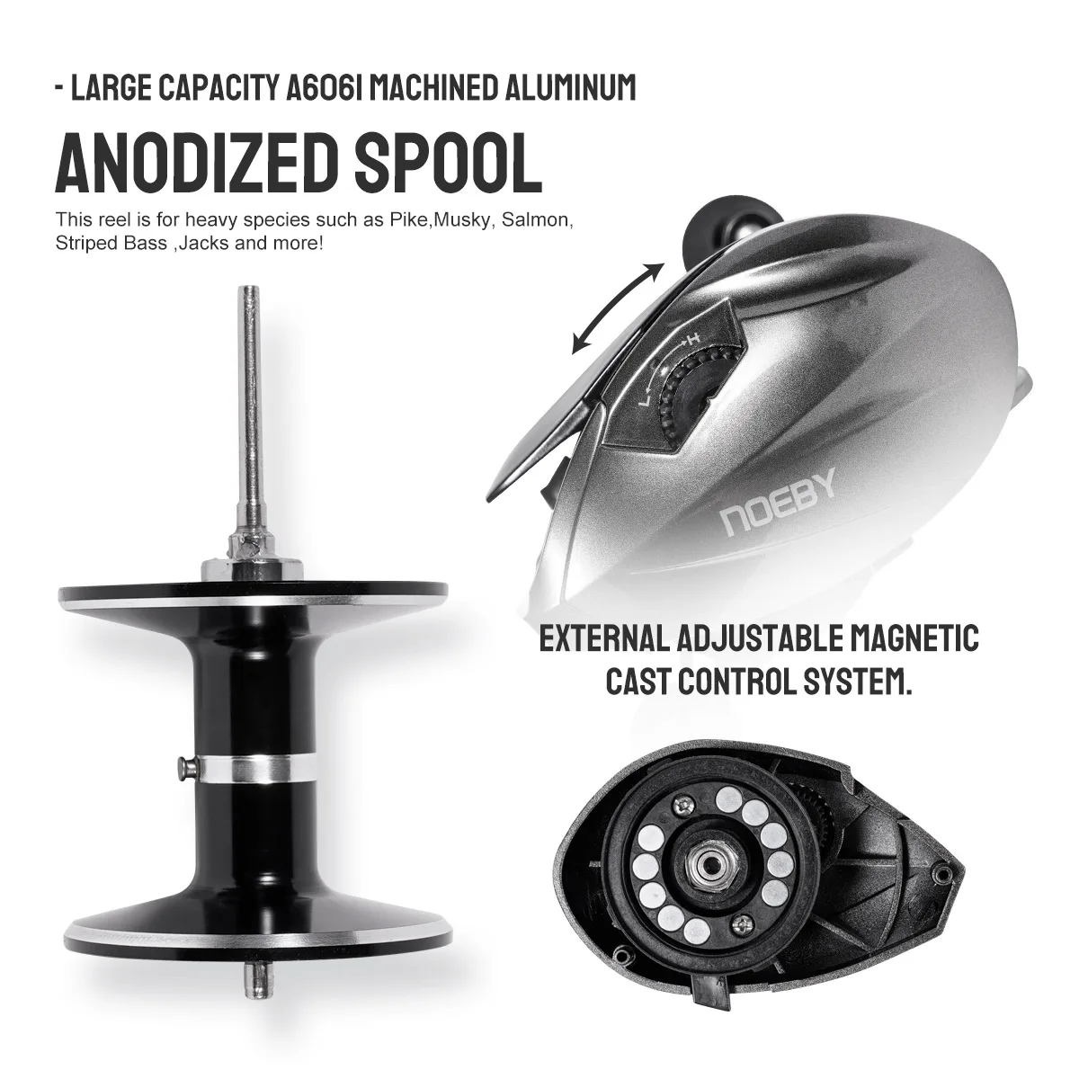 Noeby carrete de Baitcasting, sistema de frenado magnético de arrastre máximo de 15KG, relación de engranaje 6,4: 1, 8 + 1 rodamiento de bolas, bobina de pesca Predator de perfil bajo - imagen 5
