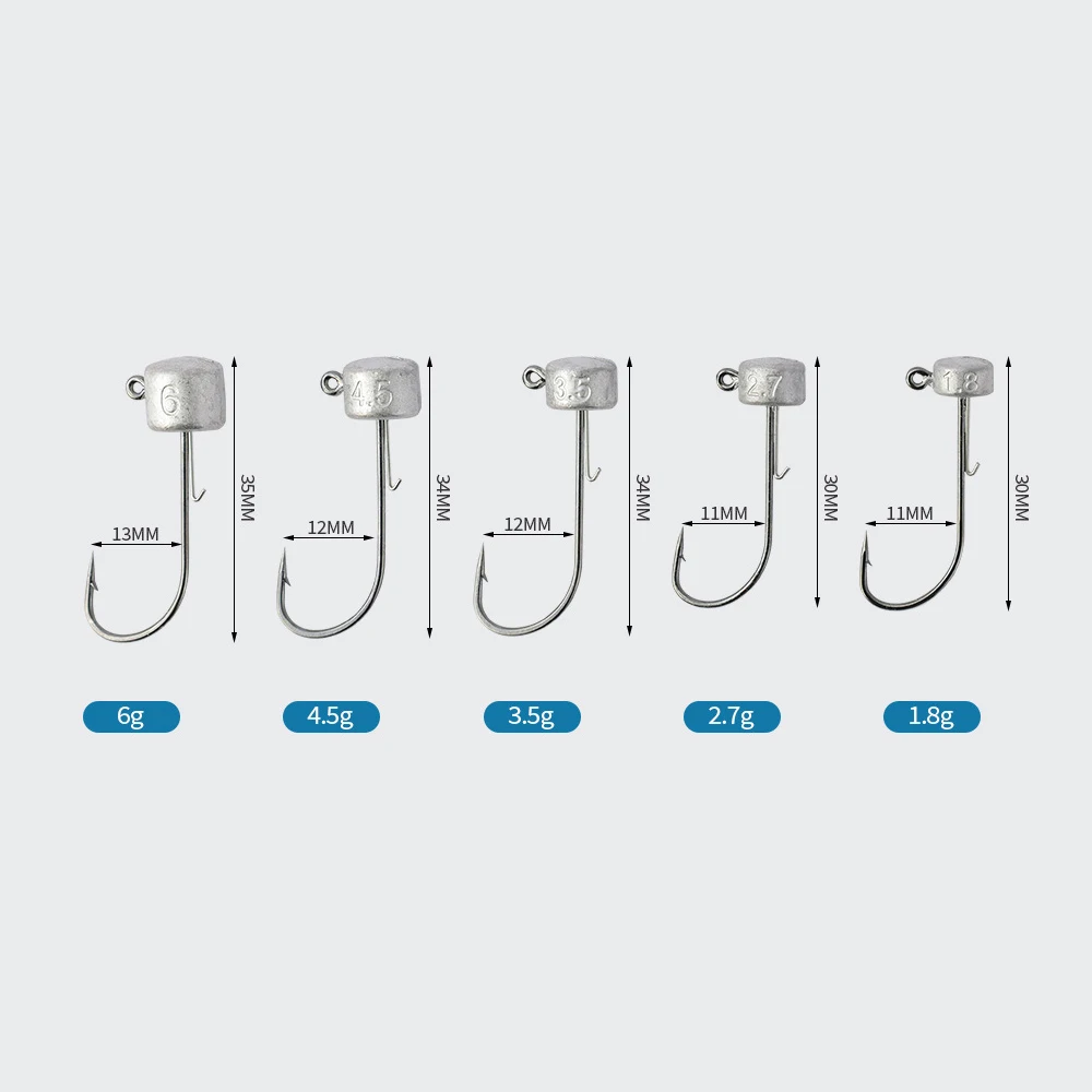 Kit de anzuelos De Seta fina para señuelos blandos, 5 piezas, 1,8g, 2,7g, 3,5g, 4,5g, 6g - imagen 3