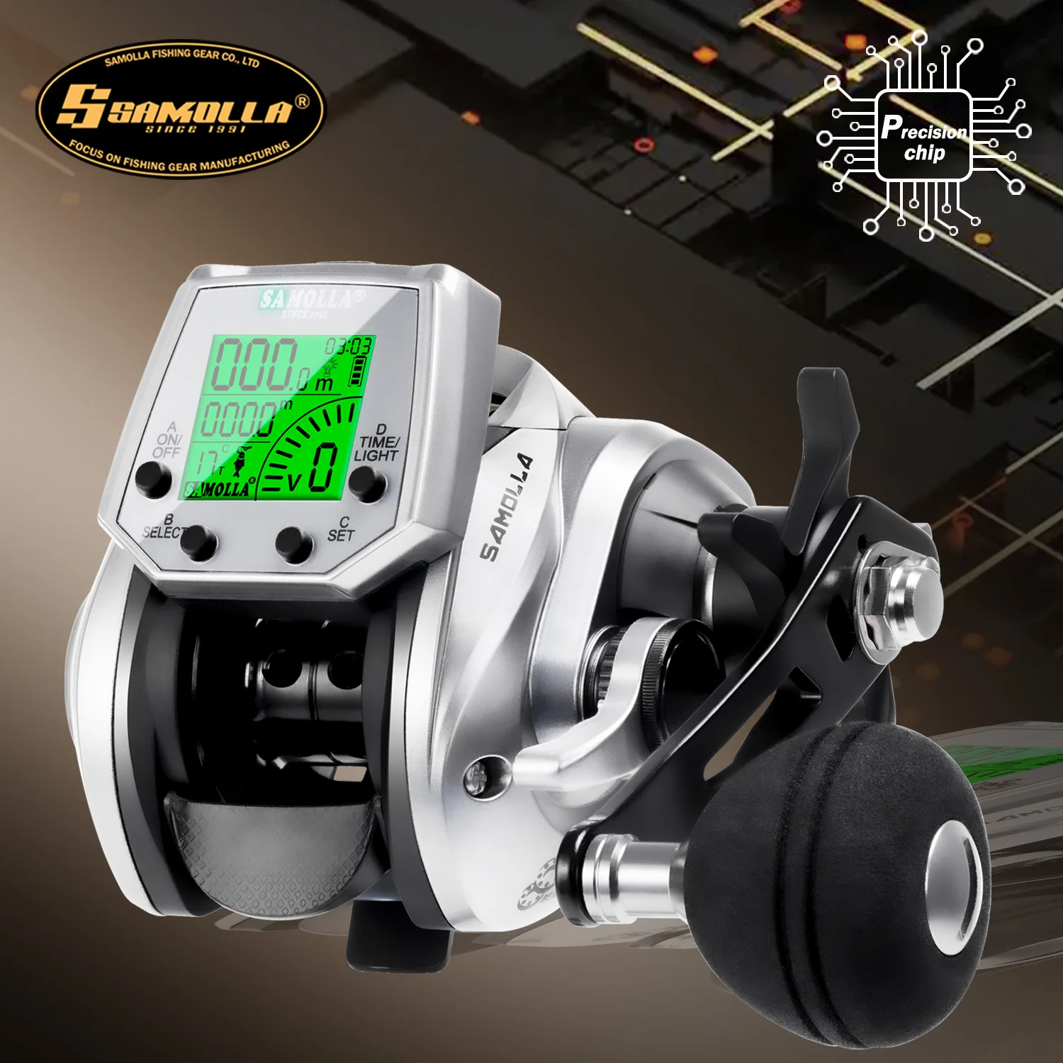 SAMOLLA-carrete de pesca electrónico para Baitcasting, pantalla Led, carga USB y Solar 7,2: 1, rueda de tambor fundida impermeable para agua salada