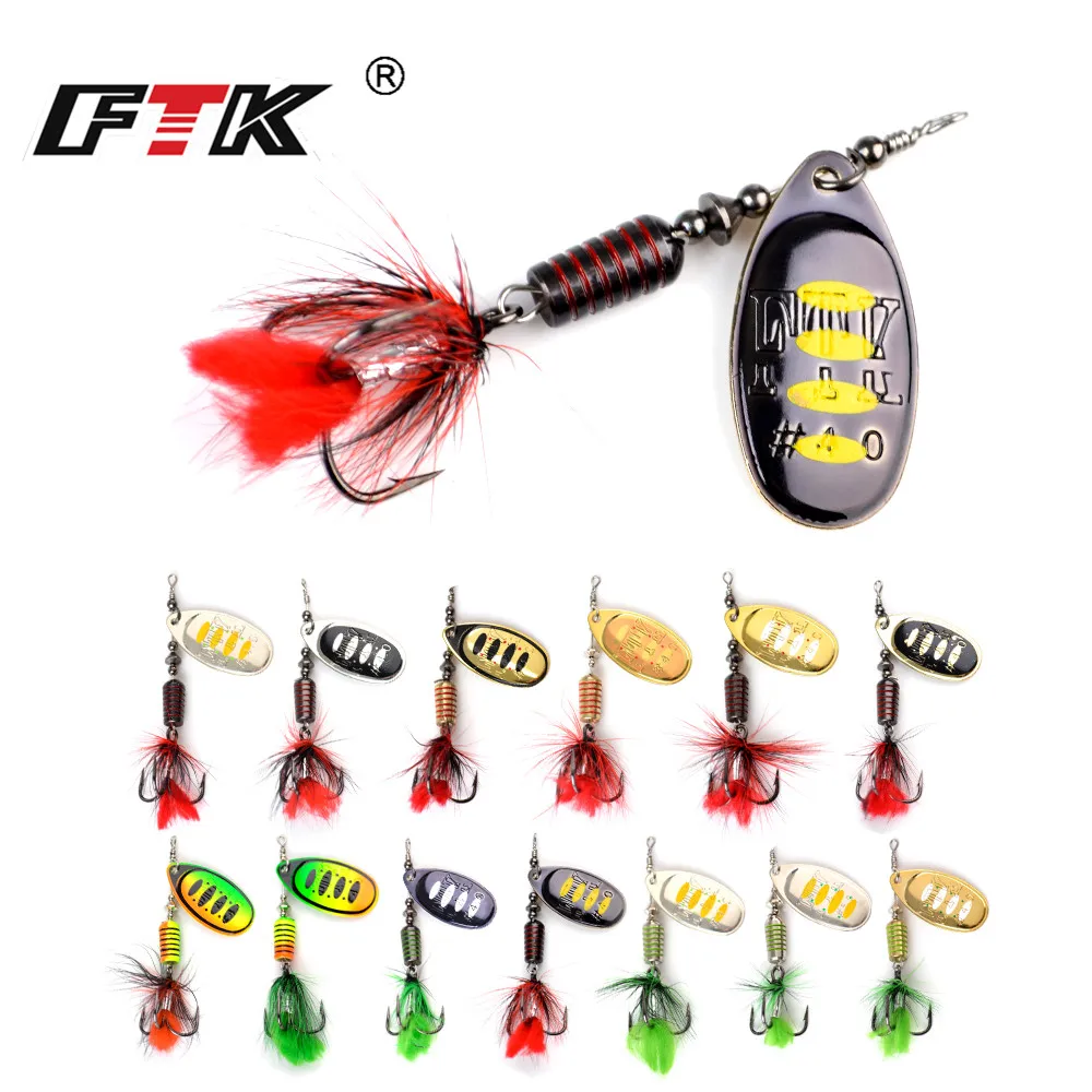 FTK-señuelo giratorio de Metal para pesca, cebo duro con anzuelos triples de plumas, 13 colores, 7,5g, 12g, 17,5g, 1 piezas