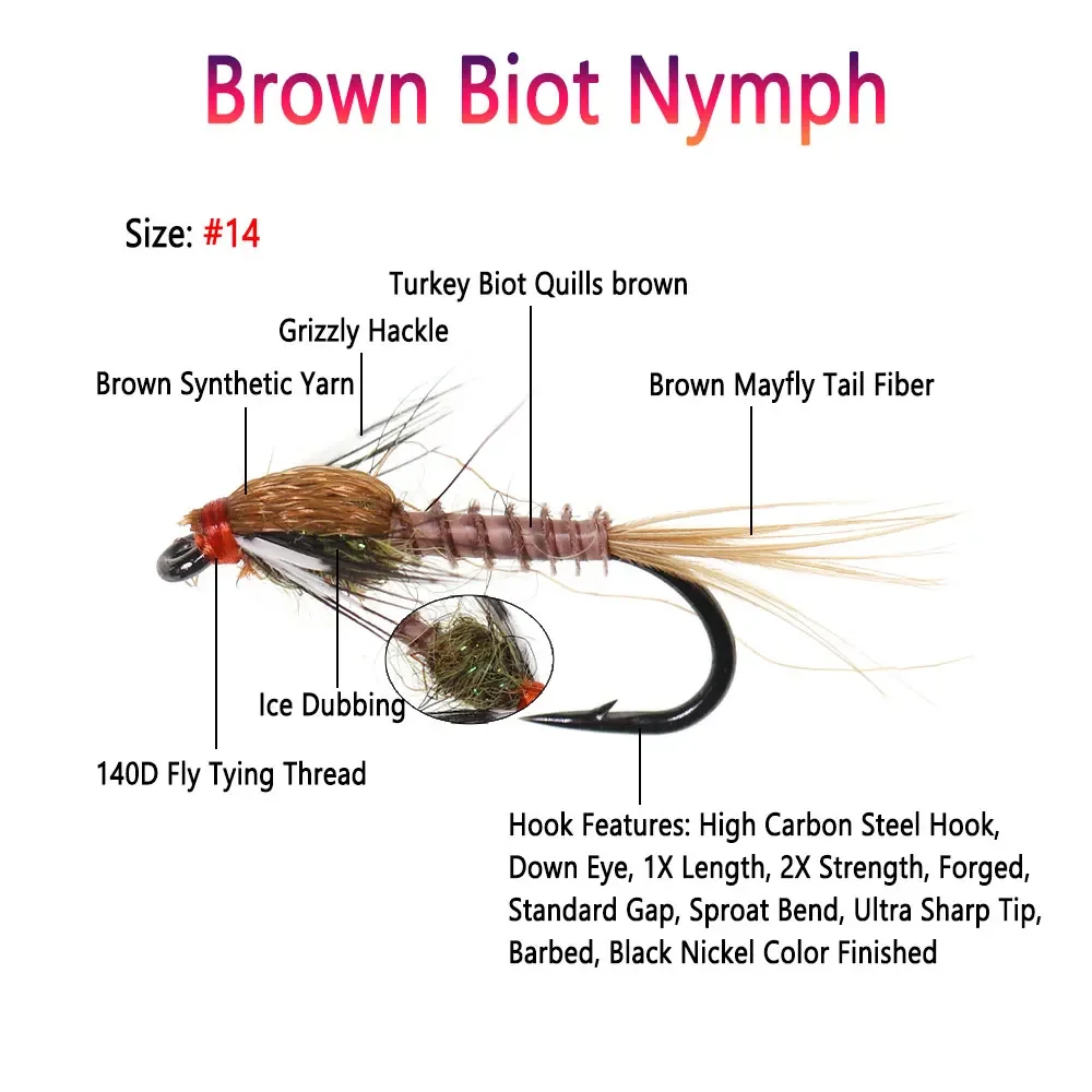 Bimoo 6PCS # 14 marrón Biot ninfa Grizzly Hackle Emergers cebo de insecto de púas artificiales para trucha Grayling perca Señuelos de pesca - imagen 3
