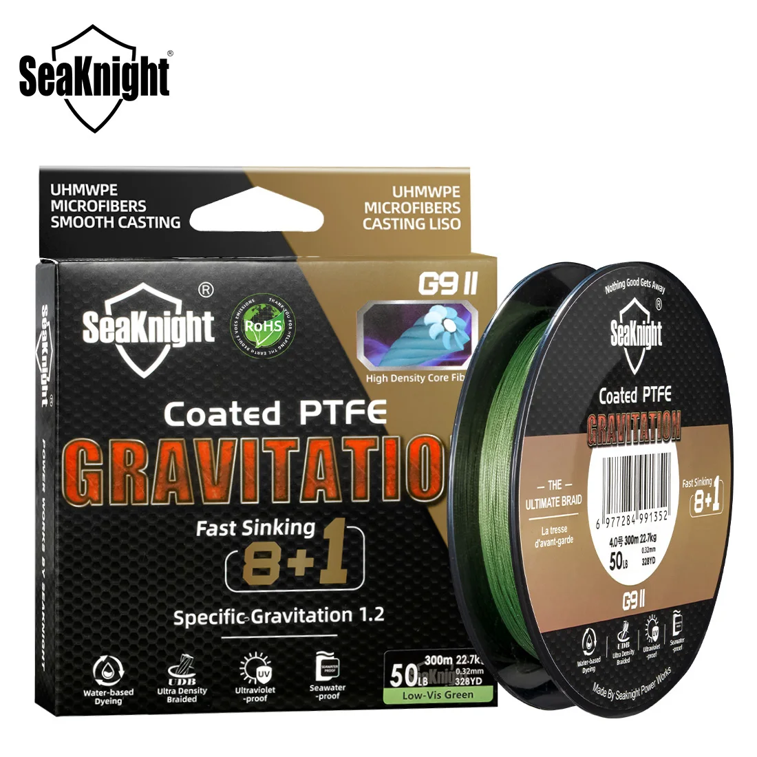 Línea de pesca hundida SeaKnight Brand Gravitation G9 II, línea de pesca trenzada de PTFE recubierta de 300m/150m, resistente al agua de mar y a prueba de rayos UV