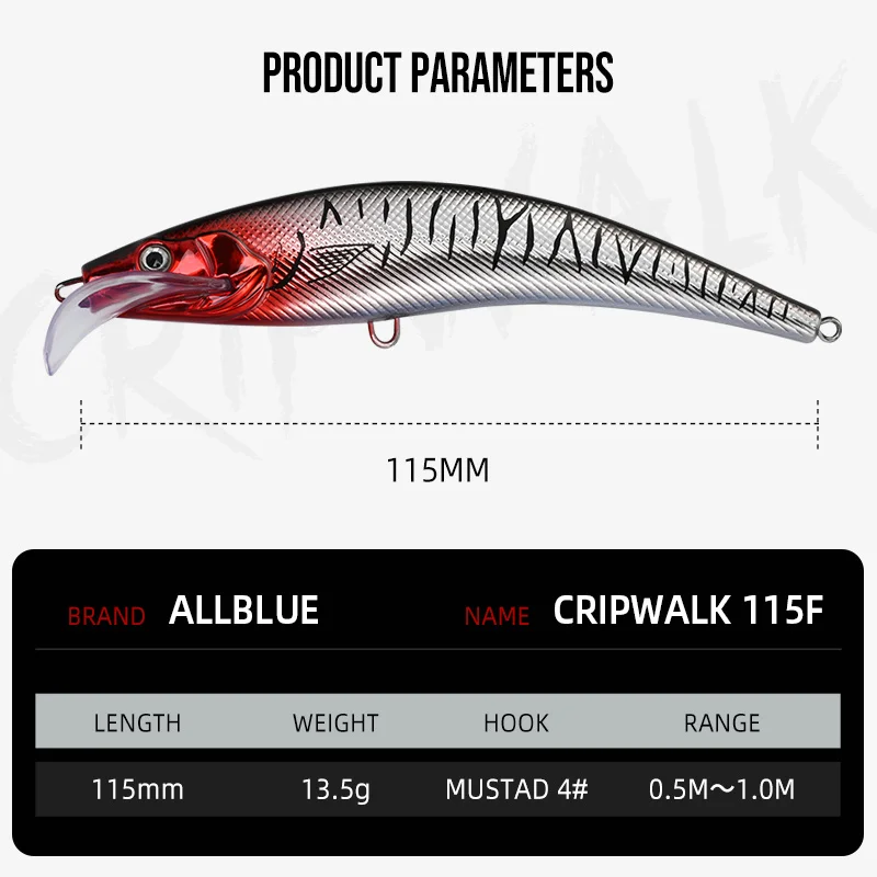 ALLBLUE CRIPWALK señuelo de pesca Trolling Wobbler 115MM 13,5G flotante Crankbait Minnow profundidad 0,5-1M lubina Pike cebo aparejos de pesca - imagen 2