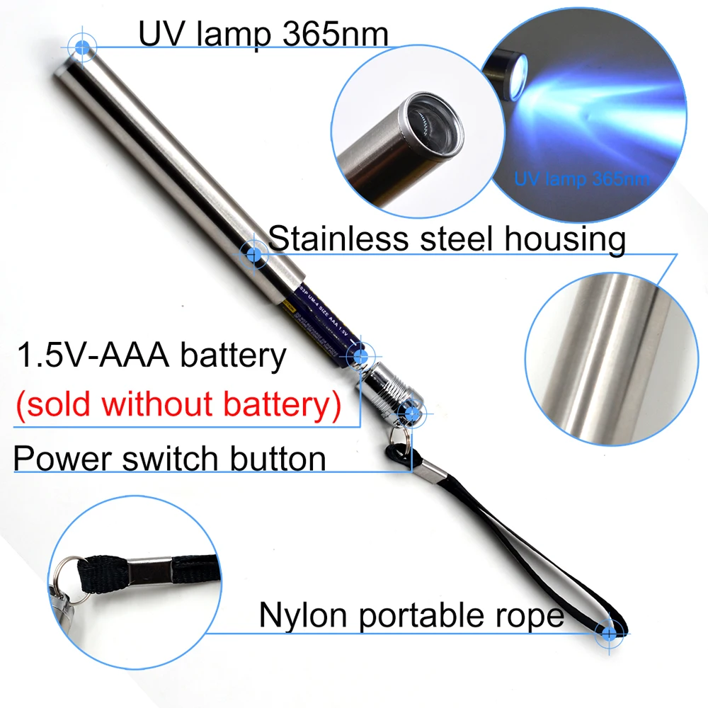 MNFT 1 Uds Mini linterna LED UV portátil de acero inoxidable 365nm atado de moscas linterna UV pesca linterna de luz de Flash al aire libre - imagen 3