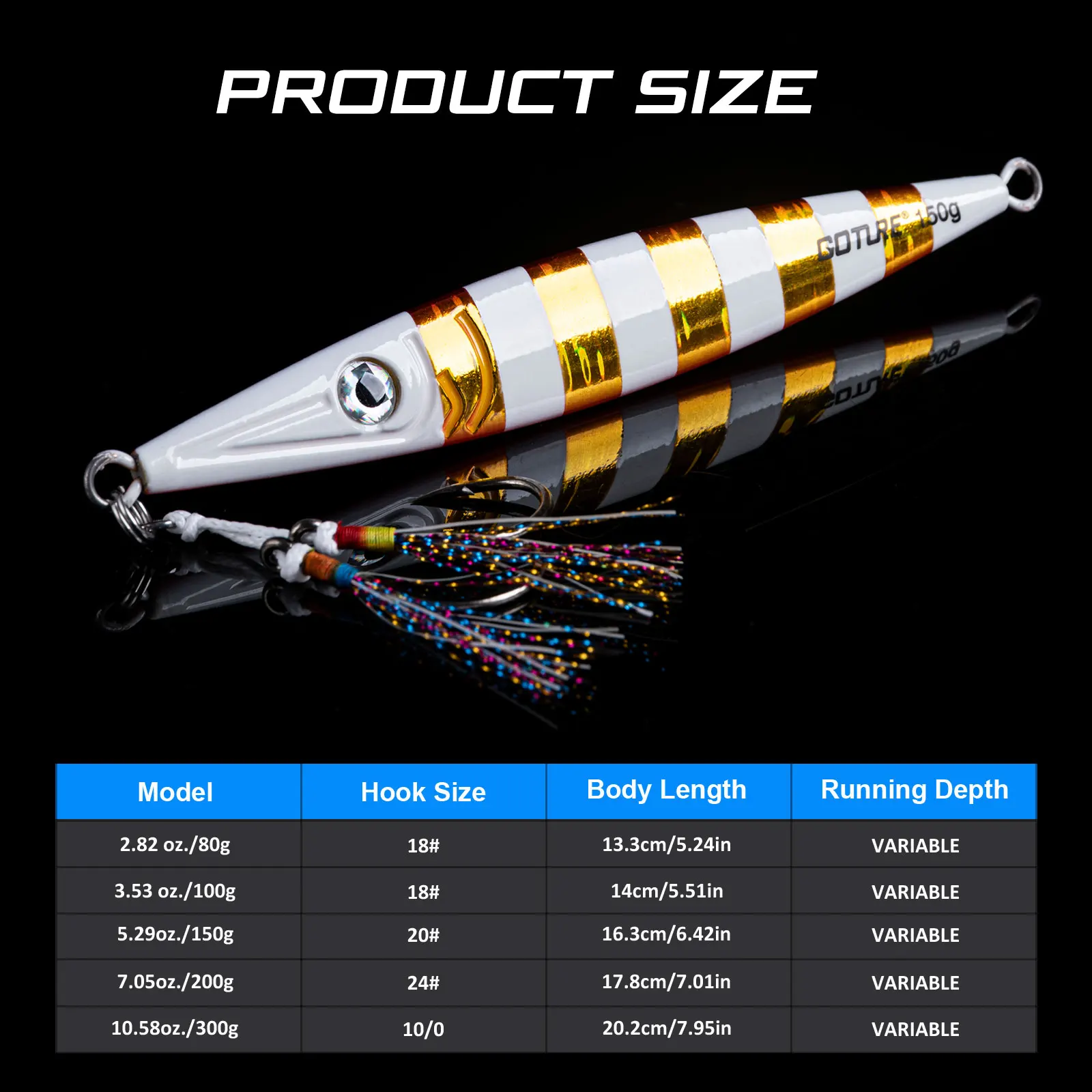 Goture-señuelo luminoso de hundimiento rápido para Jigging, 80g, 100g, 150g, 200g, 300g, señuelo de pesca de agua salada, cuchara con doble gancho de asistencia - imagen 3