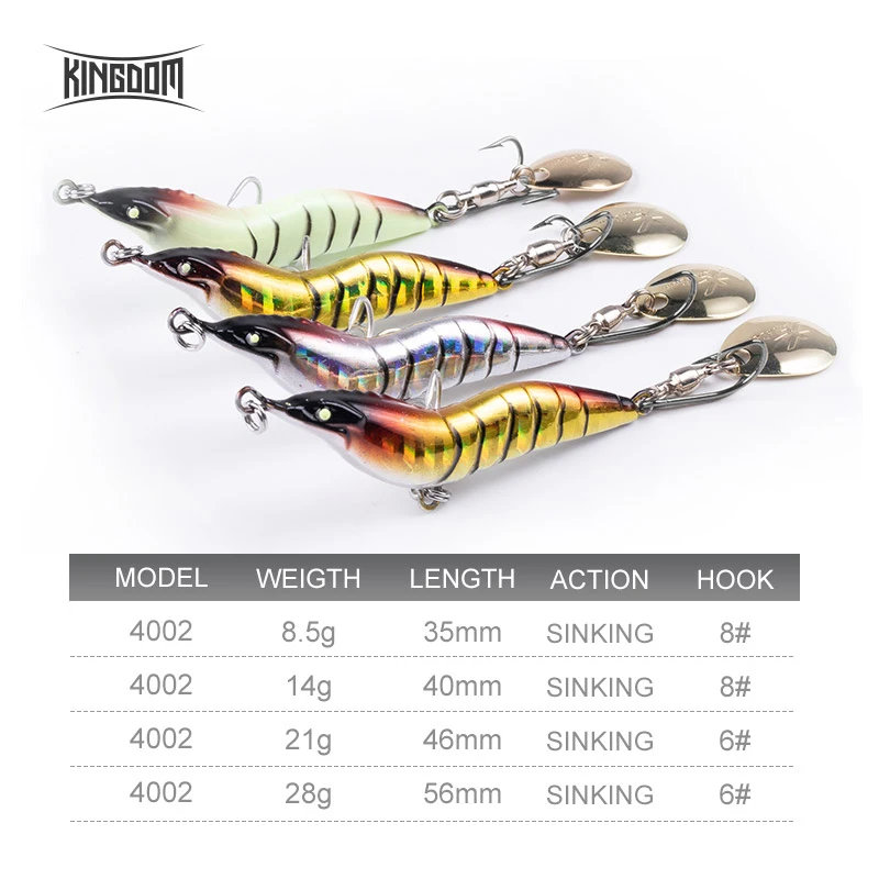 Señuelo de camarón de simulación Kingdom, 8,5g, 14g, 21g, 28g, cebo artificial de Metal con cuchara, señuelos de Jigging duros para pesca de lubina - imagen 3