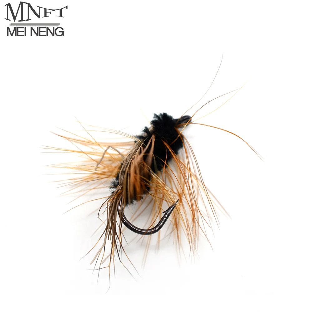 MNFT 10PCS 6 #    Cuerpo negro gusano lanoso marrón Caddis Ninfa mosca ciervo pelo escarabajo trucha cebo de pesca con mosca - imagen 2
