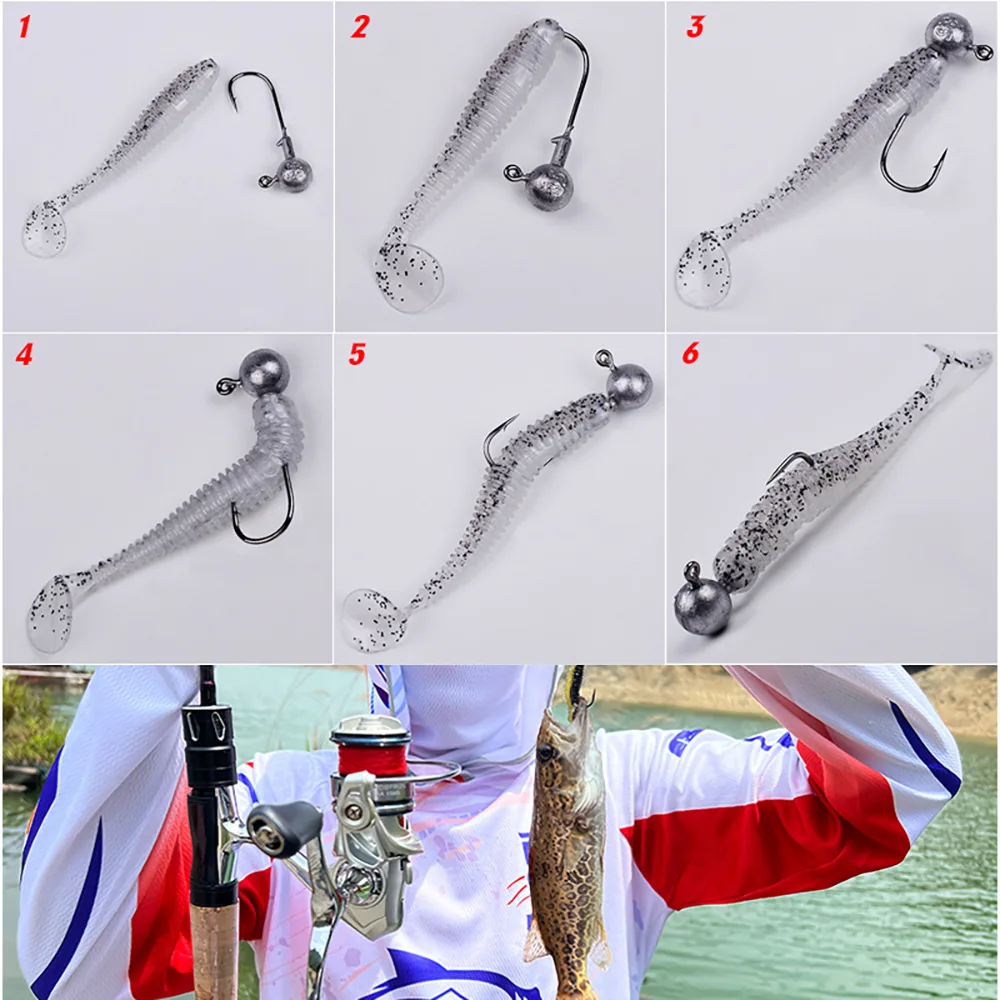Nuevo Kit de Señuelos de Pesca blandos de 50 piezas, juego de señuelos de silicona, cebo Artificial, gusano con manivela, anzuelo con cabeza de plantilla, accesorios para aparejos de pesca - imagen 5