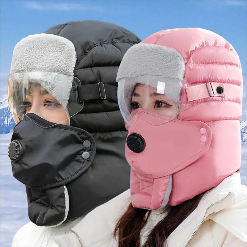 Gorro de pesca para ciclismo al aire libre de invierno de dos piezas, gafas de máscara, gorro Lei Feng de lana gruesa a prueba de viento para hombres y mujeres, estilo de esquí