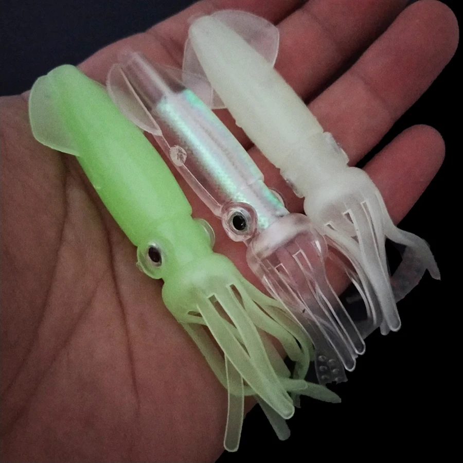 9 Uds señuelos de calamar 3,94 pulgadas 0,28 oz para pesca de lubina cebo de calamar de agua dulce que brilla en la oscuridad señuelos de calamar suaves para salmón - imagen 3