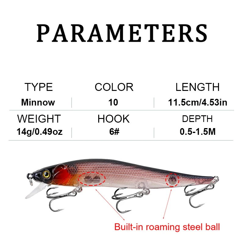 Señuelos de Pesca de 11,5 cm, 14g, Minnow, ojos 3D, Isca duro, Artificial, Wobbler, Crankbait, accesorios de aparejos de pesca de carpa - imagen 2