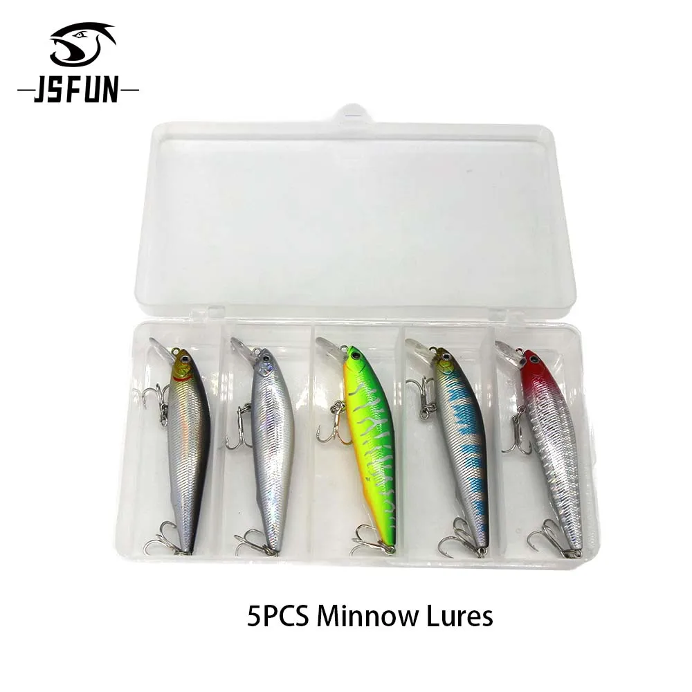 JSFUN 5 unids/caja señuelo de pesca Minnow de cola larga cebo duro flotante Wobbler Artificial Crankbait 3D ojo carpa perca aparejos de pesca