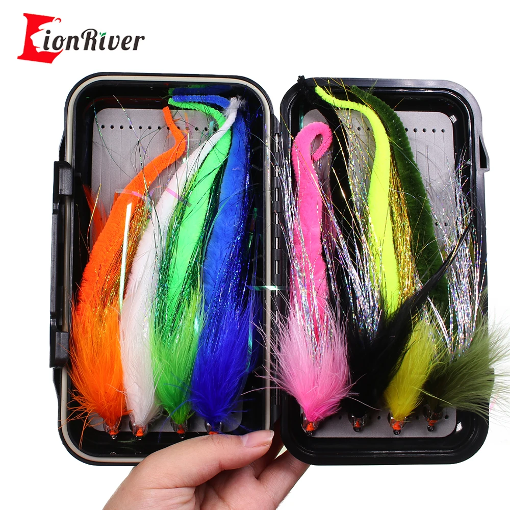 8 piezas # 2/0 Big Baitfish pesca con mosca serpentinas de cola de dragón con caja de doble cara Lucio Muskie cebo de pesca de lubina a rayas