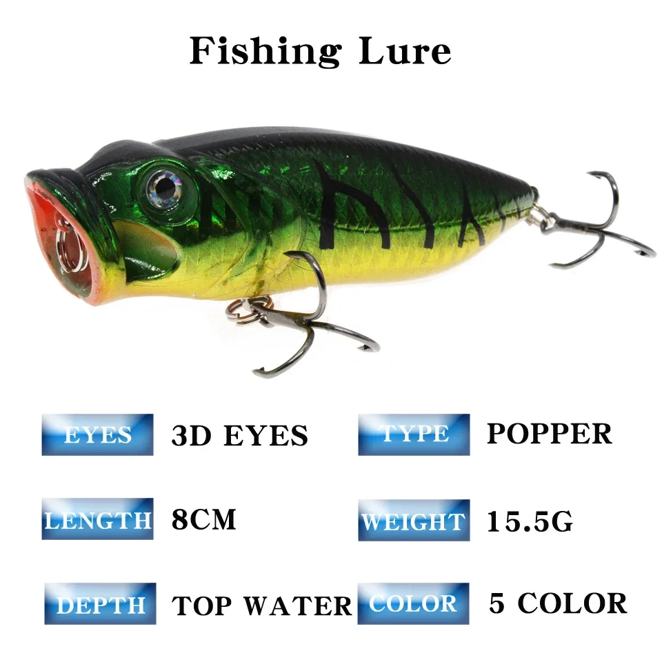 Señuelos de Pesca Topwater Popper, 1 piezas, ojos 3D, Crankbait Wobbler, aparejos de pesca, 5 colores disponibles, cebos duros al por mayor - imagen 2