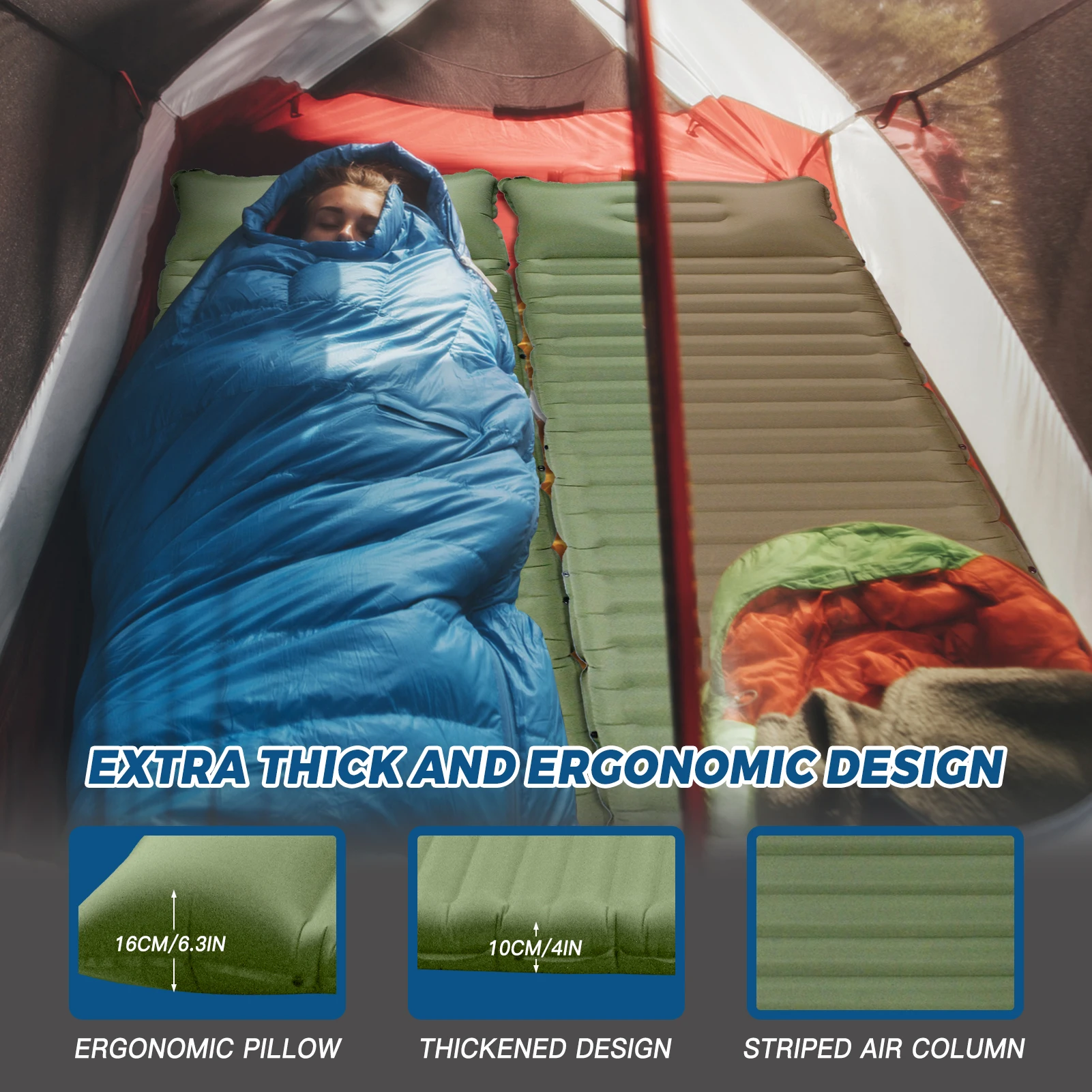 Colchoneta inflable para dormir, colchoneta Extra gruesa de 4 pulgadas, colchón de aire con bomba integrada, tienda de campaña para acampar, senderismo y viajar - imagen 3
