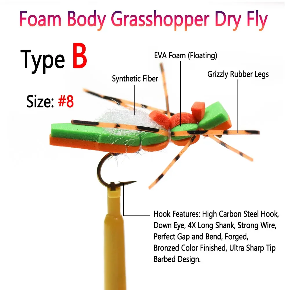 Bimoo 6 piezas # 8 patas de goma Grizzly, cuerpo de espuma, saltamontes, mosca seca, pelo de ciervo, flotante, tolva Morrish, trucha, lubina, salmón, señuelo de pesca - imagen 4